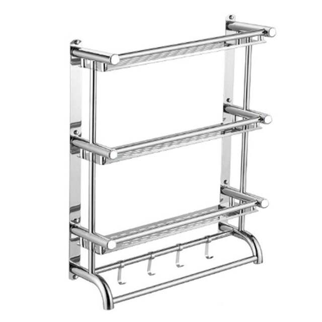 Living and Home 3-Tier Silver Stainless Steel Wall Mounted Bathroom Towel Rail with Shelf and Hooks - Size: 2 Tier - Wilko - image 1