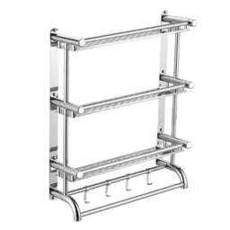 Living and Home 3-Tier Silver Stainless Steel Wall Mounted Bathroom Towel Rail with Shelf and Hooks - Size: 2 Tier - Wilko - thumbnail 1