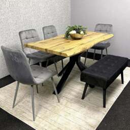 Portland 5 Seater Velvet Wooden Dining Set with Bench Brown Grey and Black - Multi - Wilko
