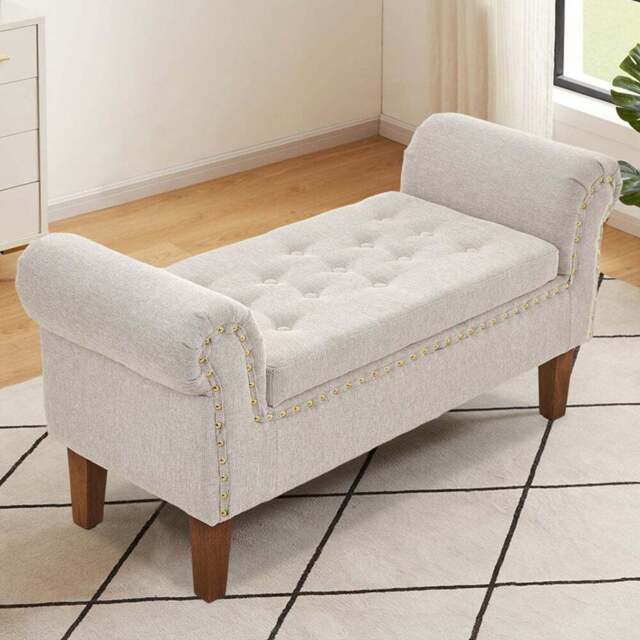 Living and Home Beige Nordic Upholstered Linen Flip Top Storage Bench - Size: 52 x 106 x 34cm - Cream - Wilko - image 1
