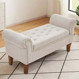 Living and Home Beige Nordic Upholstered Linen Flip Top Storage Bench - Size: 52 x 106 x 34cm - Cream - Wilko - thumbnail 1