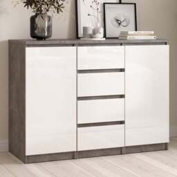 Florence 2 Door 4 Drawer Concrete and White High Gloss Sideboard - Size: 50 x 120.8 x 90.7cm - Furniture to Go - Wilko