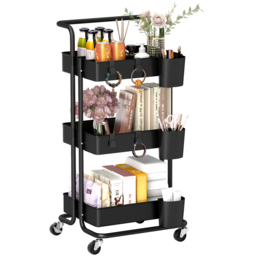 HOMCOM 3-Tier Black Kitchen Trolley with Baskets - Size: 86.5 x 38 x 42cm - Wilko