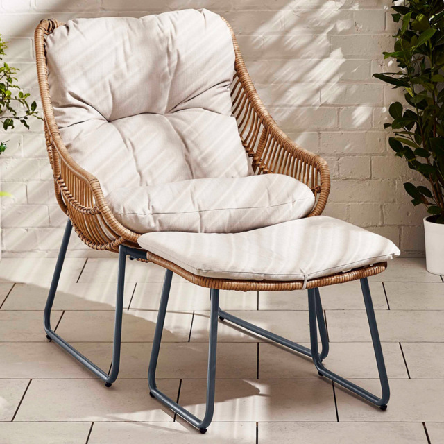 Furniturebox Fiji Beige Rattan Chair with Footstool - Size: 1 Seater - Brown - Wilko - image 1