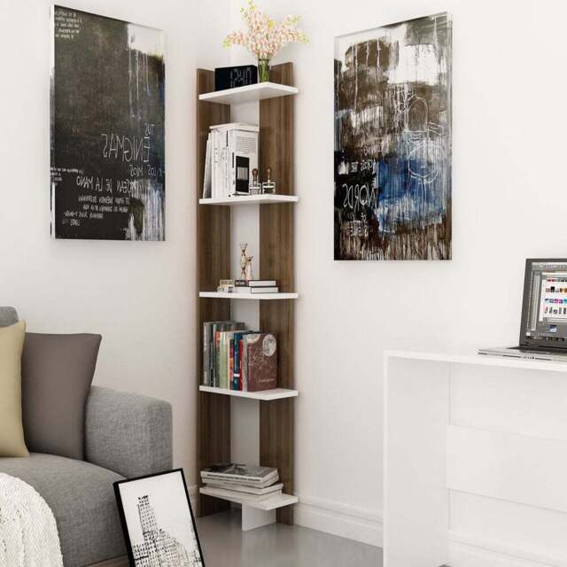 Decorotika Alis 5 Tier Walnut and White Corner Bookcase - Size: 170 x 45 x 21.6cm - Multi - Wilko - image 1