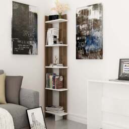 Decorotika Alis 5 Tier Walnut and White Corner Bookcase - Size: 170 x 45 x 21.6cm - Multi - Wilko