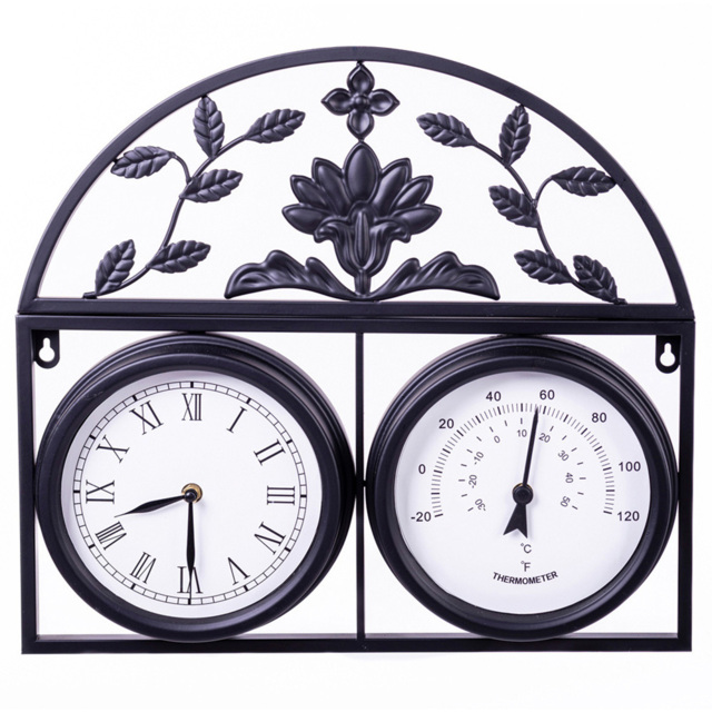 Garden Gear Wyevale Garden Black Floral Pattern Wall Clock and Thermometer - Size: 44 x 5 x 45cm - Wilko - image 1