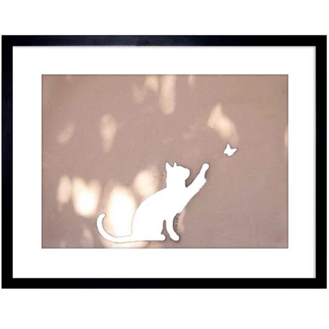 Wee Blue Coo Cat Butterfly Silhouette Graffiti Framed Wall Art Print 23 x 18cm - Size: 25.9 x 20.6 x 1.5cm - Black - Wilko - image 1