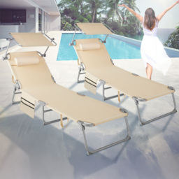 tectake Chloe Set of 2 Beige Foldable Sun Lounger - Size: 111 x 68 x 161cm - Cream - Wilko