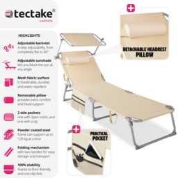 tectake Chloe Set of 2 Beige Foldable Sun Lounger - Size: 111 x 68 x 161cm - Cream - Wilko - thumbnail 7