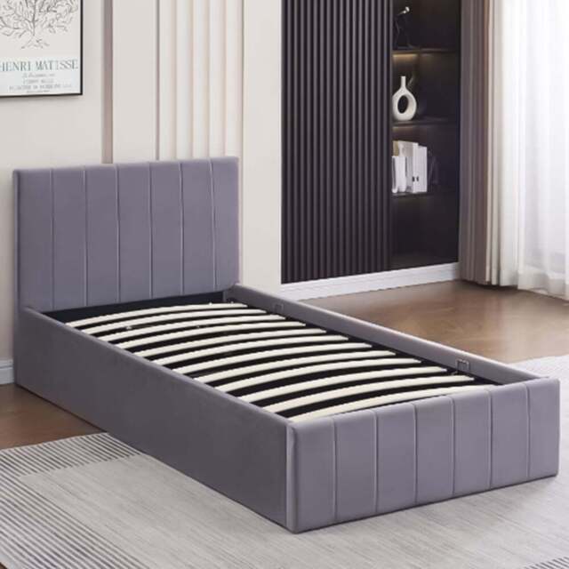 Portland Kosy Koala Single Grey Line Pattern Velvet Pine Wood Gas Lift Ottoman Bed - Wilko - image 1