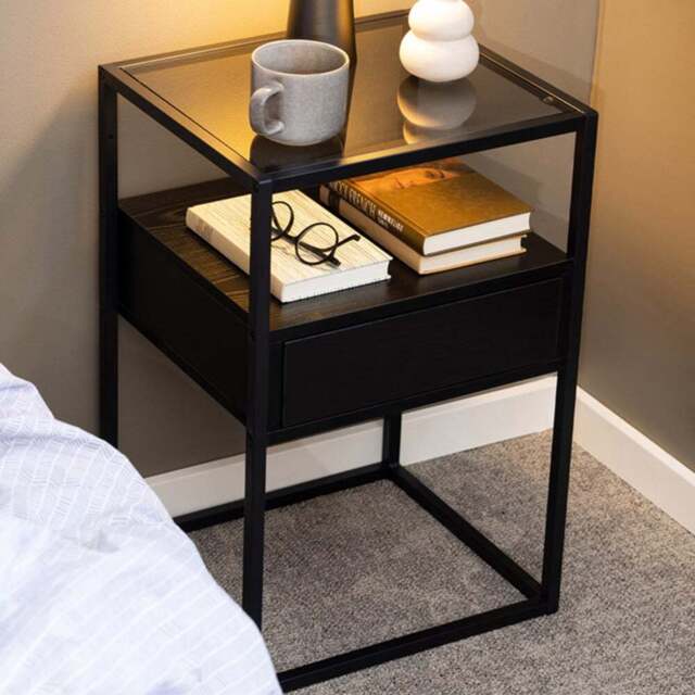 Florence Randolf Single Drawer Single Shelf Black Smoked Glass Bedside Table - Furniture To Go - Wilko - image 1