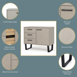 Texas Single Door 3 Drawer Grey Small Sideboard - Size: 43 x 90 x 73cm - Wilko - thumbnail 5