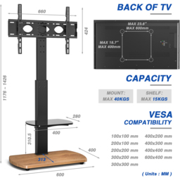 TTAP Single Shelf Black Freestanding TV Stand with Oak Base - Size: 117.6 x 60 x 40cm - Wilko - thumbnail 7