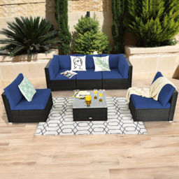 Costway 5 Seater Navy Outdoor Rattan Sofa Set with Seat and Cushion - Blue - Wilko