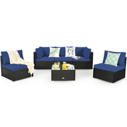 Costway 5 Seater Navy Outdoor Rattan Sofa Set with Seat and Cushion - Blue - Wilko - thumbnail 4