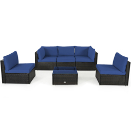 Costway 5 Seater Navy Outdoor Rattan Sofa Set with Seat and Cushion - Blue - Wilko - thumbnail 3