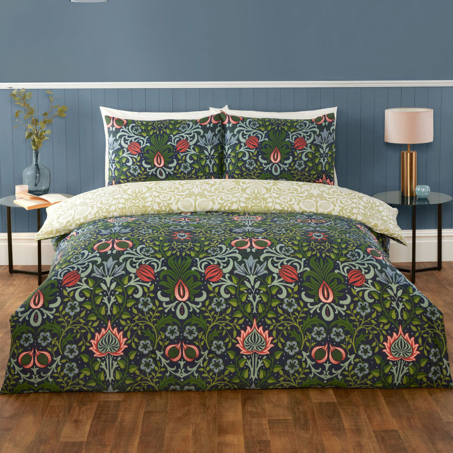Serene Heritage Flora Double Navy Microfibre Fabric Reversible Duvet Cover Set - Blue - Wilko - image 1