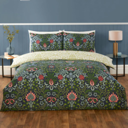 Serene Heritage Flora Double Navy Microfibre Fabric Reversible Duvet Cover Set - Blue - Wilko