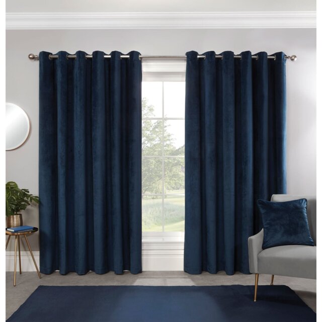 Divante Vermont Navy Velvet Blackout Eyelet Curtains 168 x 229cm - Size: W 168 x D 228cm - Wilko
