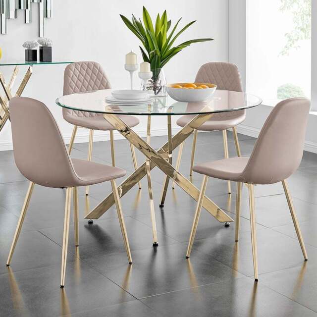 Furniturebox Arona Solara 4 Seater Round Dining Set Gold and Cappuccino Beige - Brown - Wilko - image 1