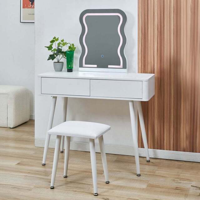 Wavey LED Dressing Table and Stool - White - Wilko - image 1