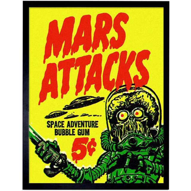 Wee Blue Coo Mars Attacks Bubblegum Alien Monster Saucer Framed Wall Art Print 30 x 41cm - Size: 43.3 x 33.3 x 1.5cm - Yellow - Wilko - image 1