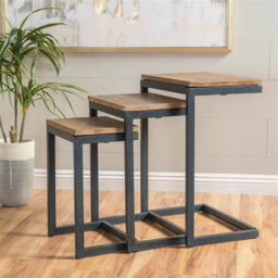 FWStyle Oak Effect and Blue Metal Nest of Table Set of 3 - Size: 65 x 46.5 x 32.5cm - Brown - Wilko - thumbnail 6