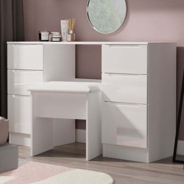 Crowndale Milan 6 Drawer White Gloss and White Kneehole Desk Ready Assembled - Size: 80 x 125 x 39cm - White Gloss & White - Wilko - image 1
