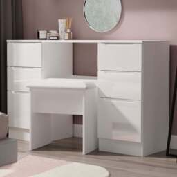 Crowndale Milan 6 Drawer White Gloss and White Kneehole Desk Ready Assembled - Size: 80 x 125 x 39cm - White Gloss & White - Wilko - thumbnail 1