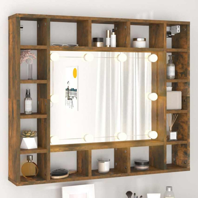 vidaXL 16 Shelf LED Smoked Oak Mirror Cabinet - Size: 76.5 x 91 x 15cm - Brown - Wilko - image 1