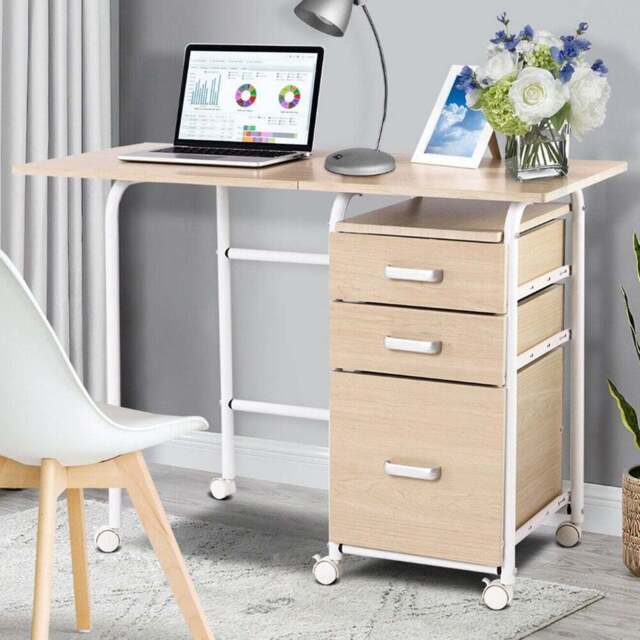 Costway 3 Drawer Folding Computer Desk with Rolling Wheels Natural - Size: 86 x 60 x 16cm - Cream - Wilko