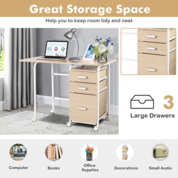 Costway 3 Drawer Folding Computer Desk with Rolling Wheels Natural - Size: 86 x 60 x 16cm - Cream - Wilko - thumbnail 7