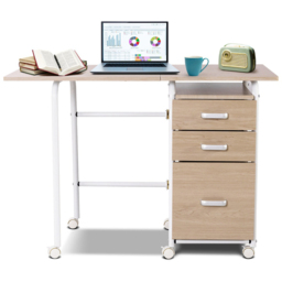 Costway 3 Drawer Folding Computer Desk with Rolling Wheels Natural - Size: 86 x 60 x 16cm - Cream - Wilko - thumbnail 4