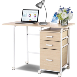 Costway 3 Drawer Folding Computer Desk with Rolling Wheels Natural - Size: 86 x 60 x 16cm - Cream - Wilko - thumbnail 3