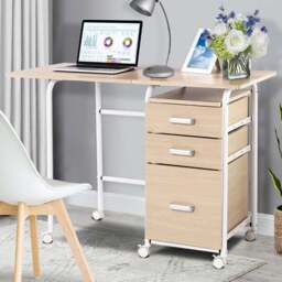 Costway 3 Drawer Folding Computer Desk with Rolling Wheels Natural - Size: 86 x 60 x 16cm - Cream - Wilko