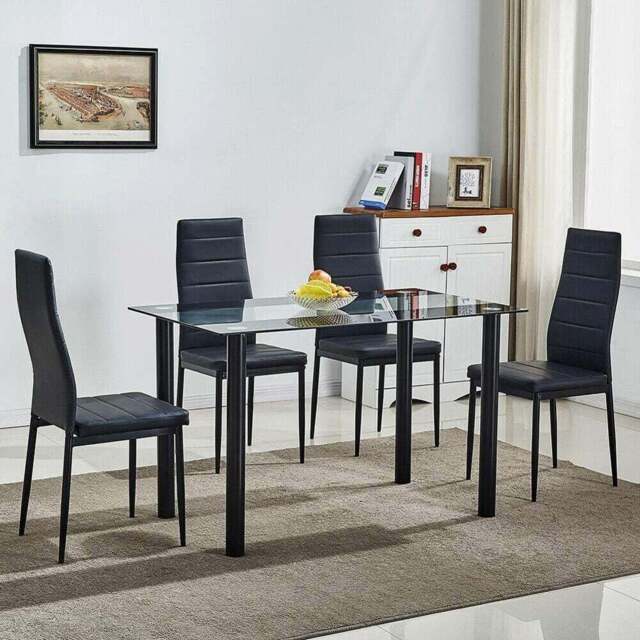Kosy Koala 4 Seater Glass and Faux Leather Striped Design Dining Set Black - Portland - Wilko - image 1