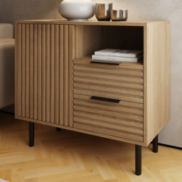 GFW Nervata Single Door 2 Drawer Single Shelf Oak and Black Ribbed Compact Sideboard - Size: 72 x 78 x 39cm - Wilko