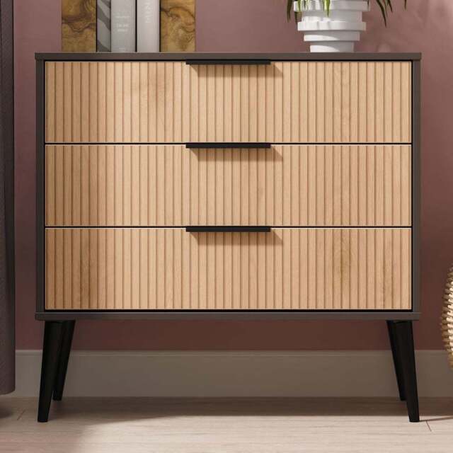 Crowndale Hong Kong 3 Drawer Slatt Effect and Graphite Chest of Drawers Ready Assembled - Slatt Effect & Graphite - Wilko - image 1