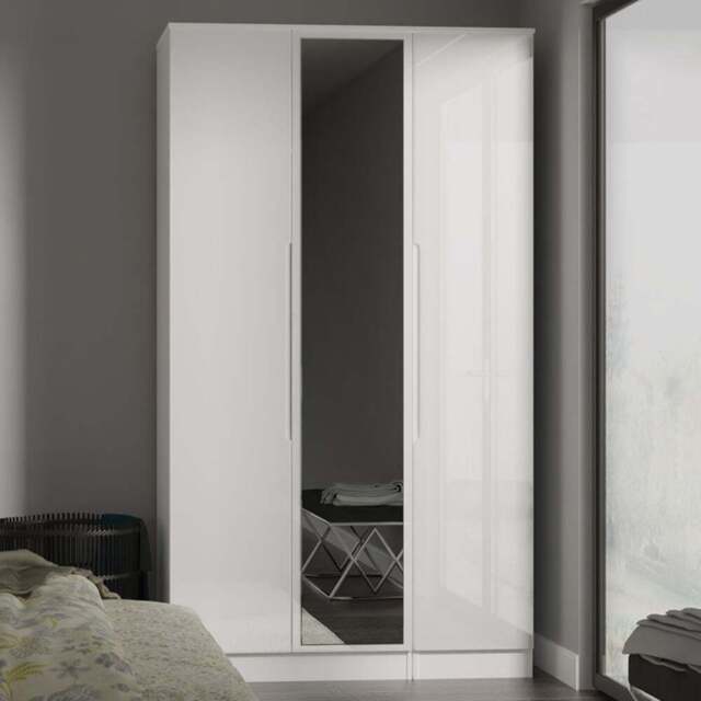 Crowndale Milan 3 Door White Gloss and White Tall Mirror Wardrobe Ready Assembled - White Gloss & White - Wilko - image 1