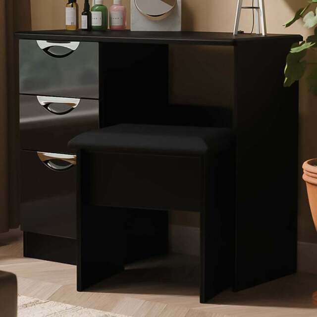 Crowndale Camden 3 Drawer Black Gloss and Black Vanity Dressing Table Ready Assembled - Black Gloss & Black - Wilko - image 1