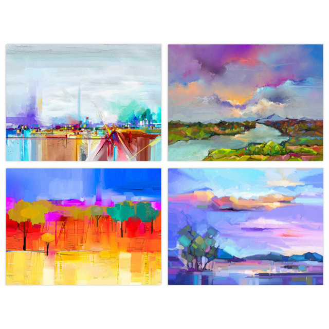 Wee Blue Coo Bright Coastal Landscape Abstract Oil Painting Wall Art Print 30 x 41cm 4 Pack - Size: 40.5 x 30.5 x 0.3cm - Multi - Wilko - image 1