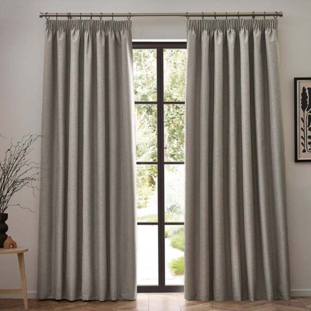 furn. Dawn Linen Blackout Pencil Pleat Curtains 168 x 183cm - Size: W 168 x D 183cm - Brown - Wilko - image 1