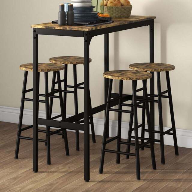 HOMCOM 4 Seater Rustic Brown Industrial Style Bar Table and Stool Set - Wilko - image 1