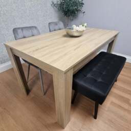 Portland 3 Seater Velvet Wooden Dining Set with Bench Oak Effect Grey and Black - Size: 6 Seater - Multi - Wilko