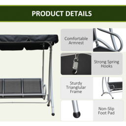 Outsunny 3 Seater Black Garden Swing Chair with Canopy - Wilko - thumbnail 7