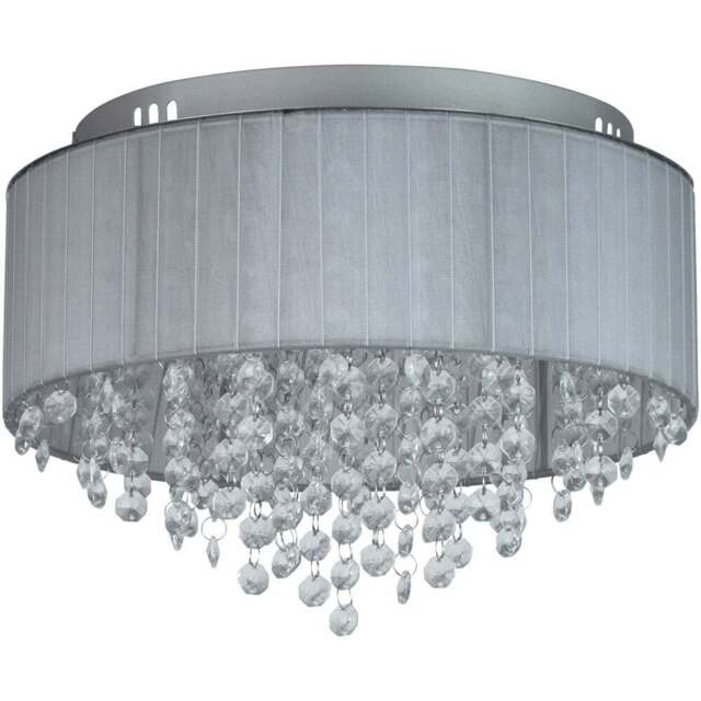Lighting Collection 3 Light Wrapped Chiffon Shade and Glass Drops Flush Ceiling Light - Size: 22 x 30 x 30cm - Grey - Wilko - image 1