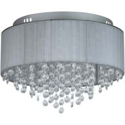 Lighting Collection 3 Light Wrapped Chiffon Shade and Glass Drops Flush Ceiling Light - Size: 22 x 30 x 30cm - Grey - Wilko
