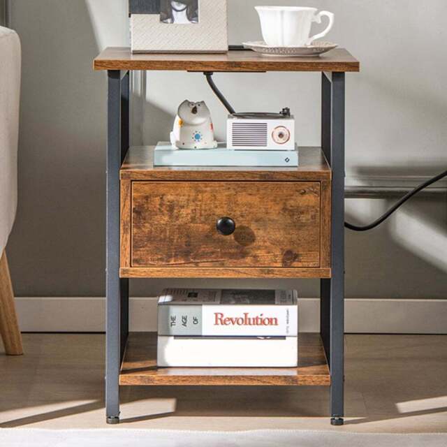 Costway Single Drawer 2 Shelf Brown Nightstand with Charging Station - Wilko - image 1