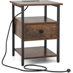 Costway Single Drawer 2 Shelf Brown Nightstand with Charging Station - Wilko - thumbnail 3